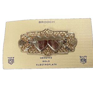 1940s Double Heart Filigree Brooch by EHM Genuine Gold Electroplate-WWII NOS